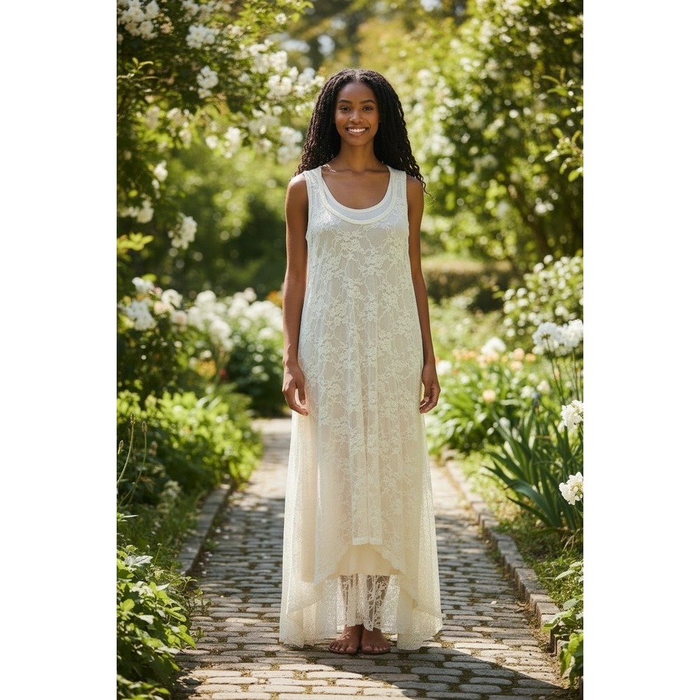 Nicole Paloma Cream Floral Lace High Low Sleeveless Maxi slip Dress Womens Boho